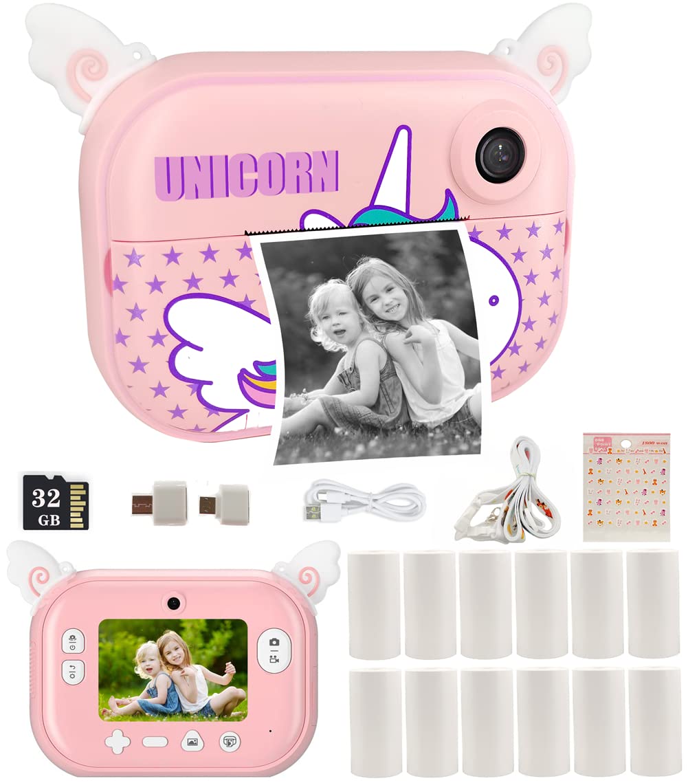 Instant Print Camera for Kids with 12 Rolls Refill Paper, Digital Camera for Girls Christmas Birthday Gifts, 32G SD Card