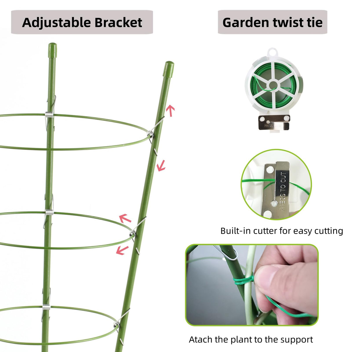 4 Pack Tomato Cage, 24 inches Plant Support Cages for Garden, Upgrade Garden Plant Stakes with Adjustable Rings, Plants Trellis for Tomato, Flower, Climbing Plants, with Twist Tie