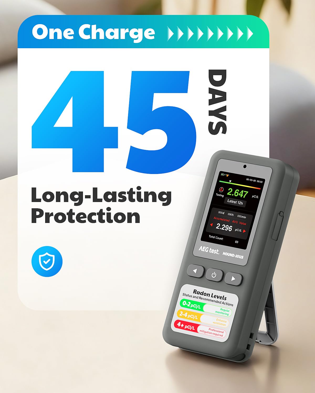 AEGTEST HOUND-1011S Portable Radon Detector, High-Accuracy Sensor for Home, Lightweight, Audible & Visual Alarms, Long-Term Monitoring, Easy-to-Use Radon Tester in pCi/L or Bq/m³ for Basement