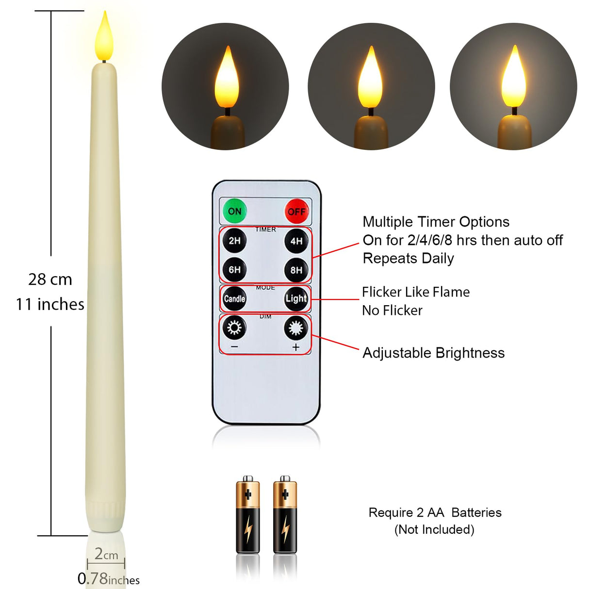 Homemory 12 Pcs Flameless Taper Candles with Remote Timer Dimmer, 11 inches Ivory Taper Candles Battery Operated, Plastic LED Candlesticks with Flickering Flame for Halloween Christmas Church Wedding