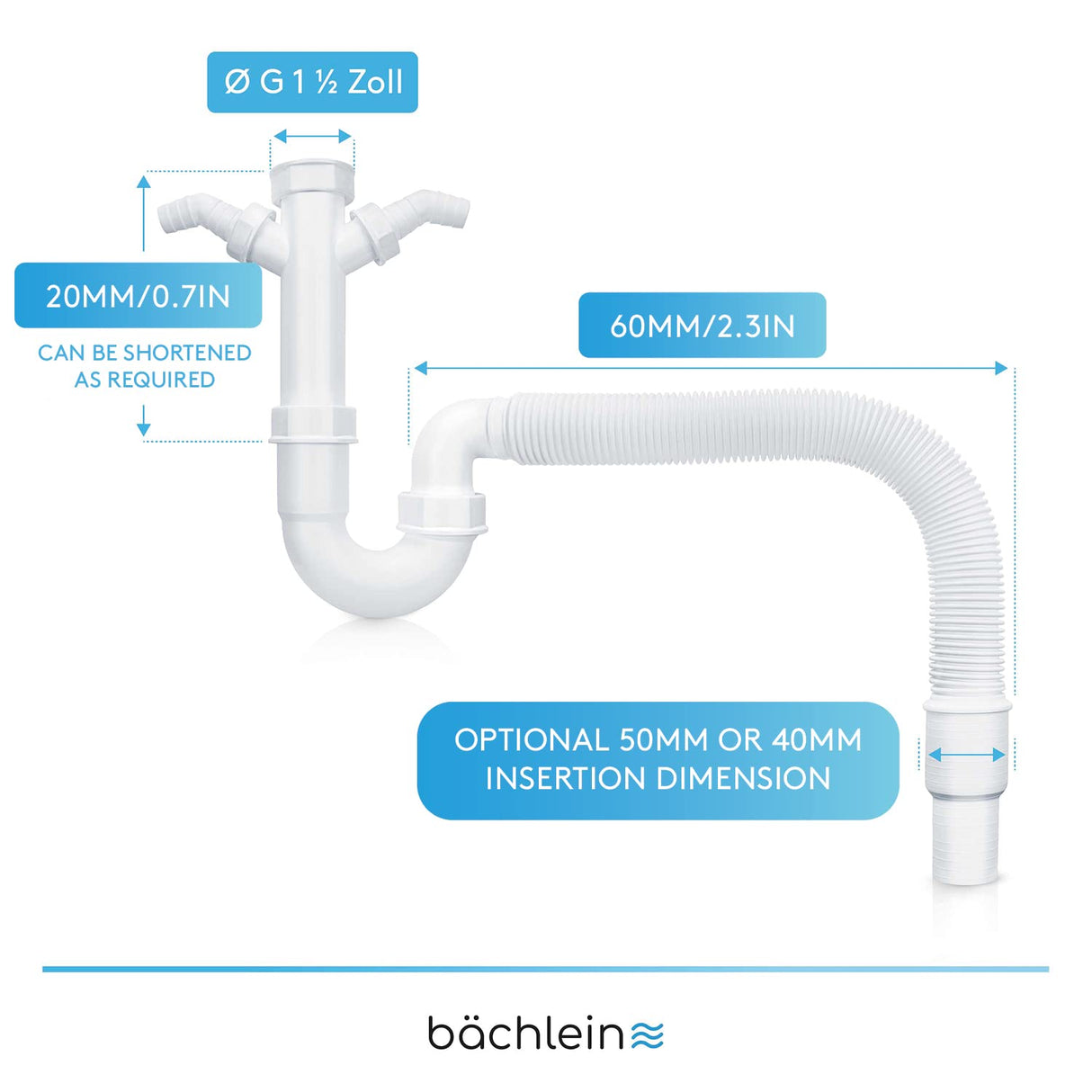 Bächlein Flexible Tubular Siphon for Kitchen Sink - Odour Trap with Double Appliance Connection - Siphon for The Kitchen Sink