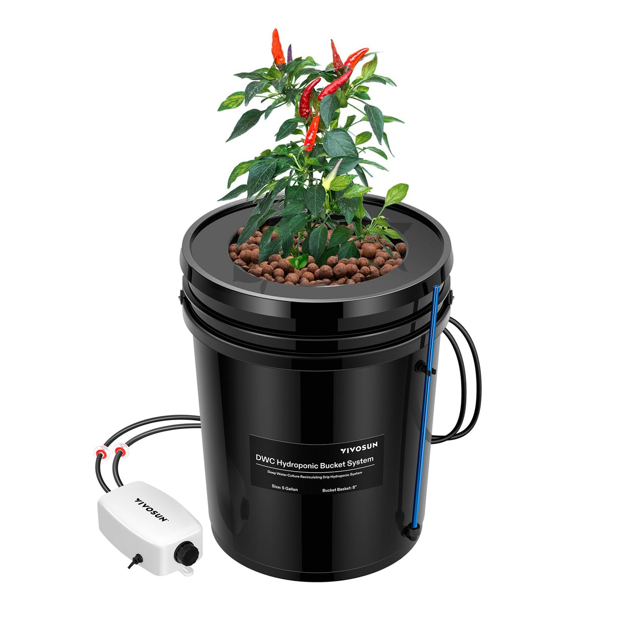 VIVOSUN DWC Hydroponics Grow System with Top Drip Kit, 5-Gallon Deep Water Culture, Recirculating Drip Garden System with Multi-Purpose Air Hose, Air Pump, and Air Stone (1 Bucket + Top Drip Kit)