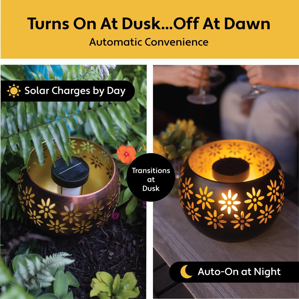 Original Solar Fire Bowl (1-Pack) Outdoor Waterproof Solar Lanterns - Metal Porch Lights with Flickering Flame for Tabletop, Patio, Garden & Landscape Decor (Matte Black)