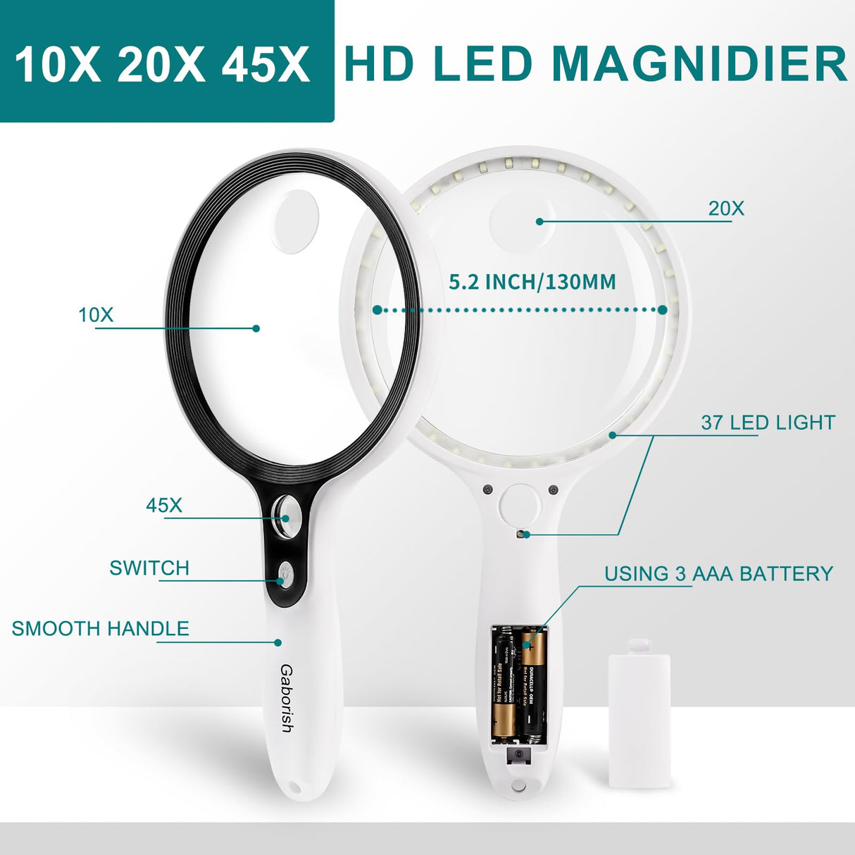 Large Magnifying Glass with 37 LED Light, 10X 20X 45X Handheld Illuminated Lighted Magnifier with 3 Light Modes for Seniors Reading, Inspection, Coins, Exploring Close Work