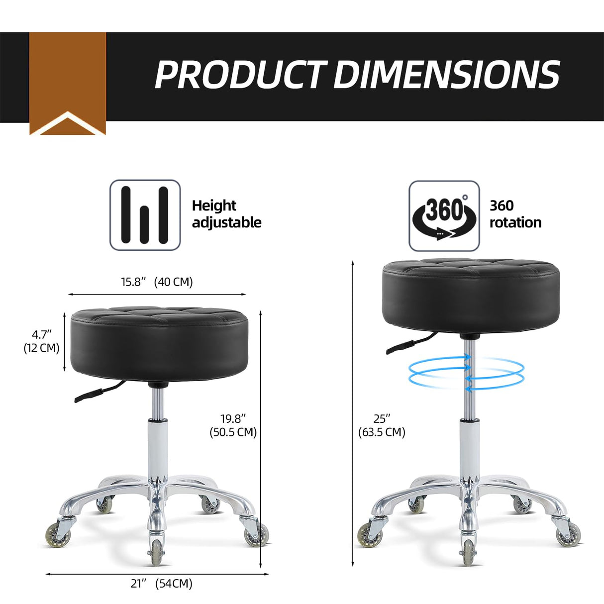 Ainilaily Rolling Stool with Wheels Adjustable Height, Roller Stool for Massage Medical Tattoo Spa Heavy Duty Swivel Desk (Super Thick Cushion, Black)