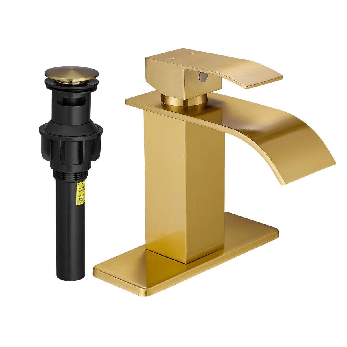 FRANSITON Waterfall Bathroom Faucet Lavatory Single Handle 1 or 3 Hole Bathroom Sink Faucet Washbasin Faucet with Deck and Pop-up Drain (Black & Gold, Short)