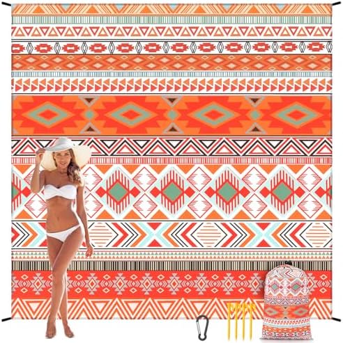 Beach Blanket, Sandproof Beach Mat, Waterproof Quick Drying Lightweight Outdoor Aztec Picnic Mat 79" X 83"/120"x108" for 2-8 Adults for Travel, Camping, Hiking