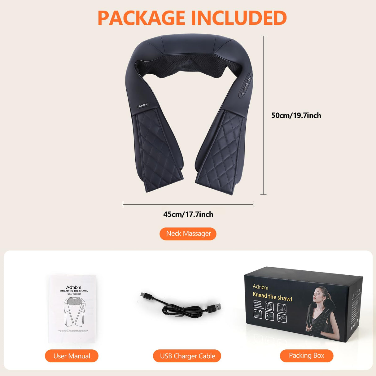 Admbm Rechargeable Neck Massager with Heat Shiatsu Back and Neck Massager Cordless Portable Kneading Shoulder Massage Shawl for Pain Relief Deep Tissue Gifts for Dad Mom Friends