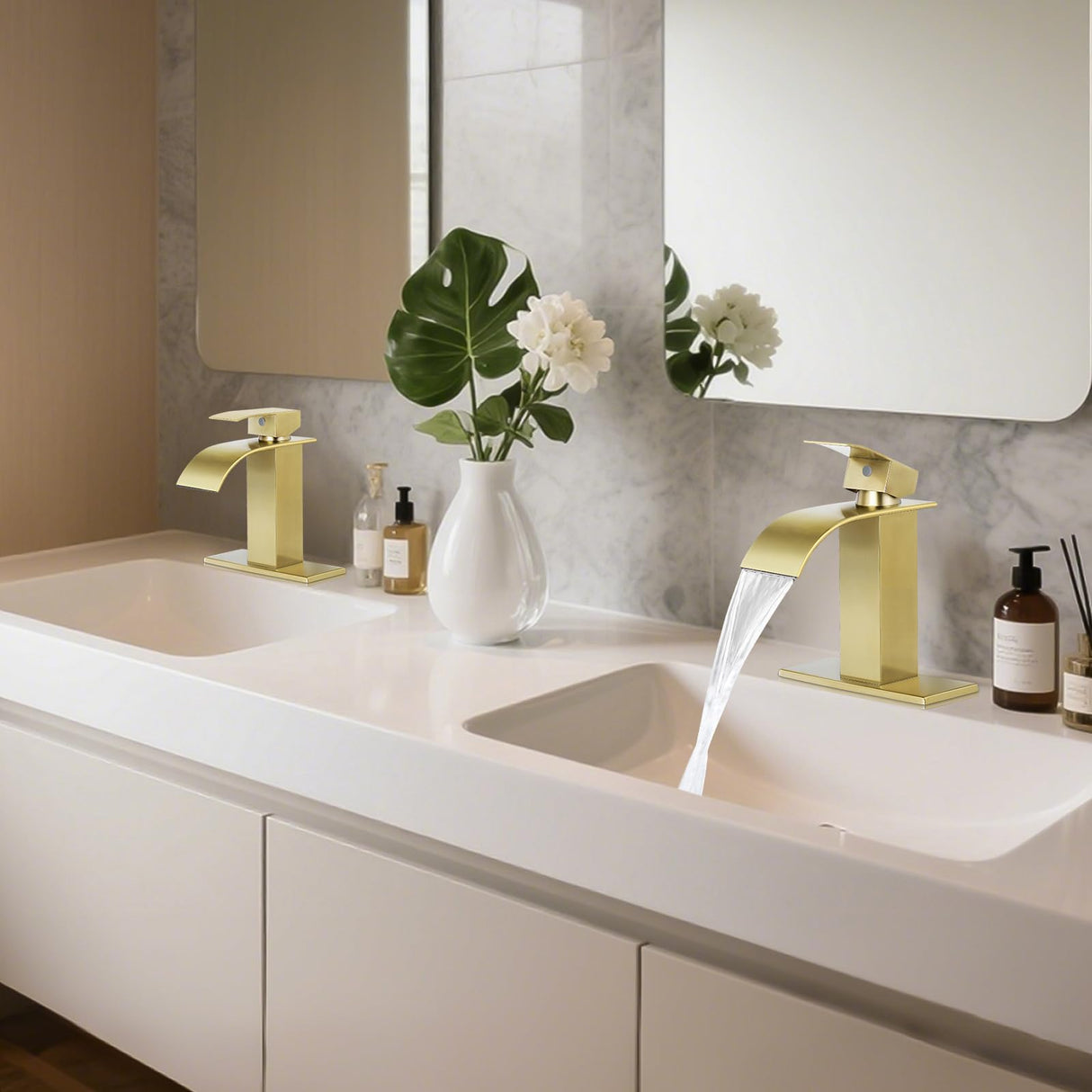 LUFG Bathroom Faucets Brushed Gold Waterfall Bathroom Sink Faucet Modern Single Handle Bathroom Faucet for 1 or 3 Hole Mxier Tap Washbasin Faucet with Deck, Pop-up Drain and Supply Hoses