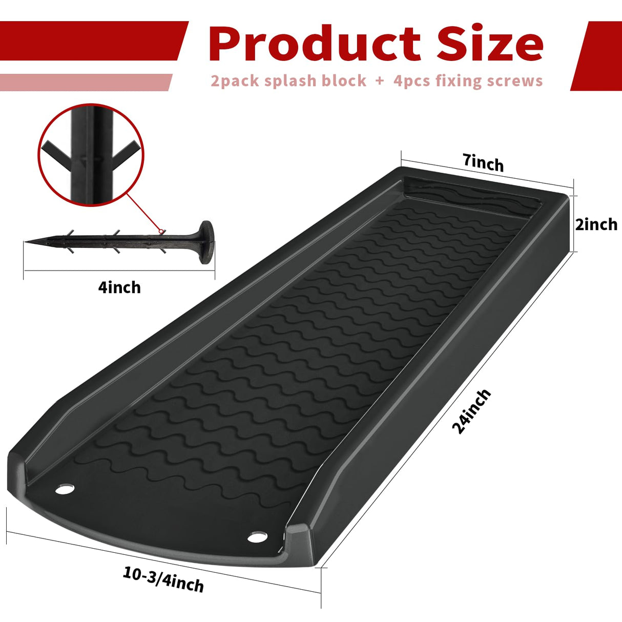 NAACOO 2 Pack Downspout Splash Block, 24" Rain Gutter Downspout Extensions/Extender with 4pc Fixing Nails, Drainage to Protect House Foundations(4 Piece|Black)