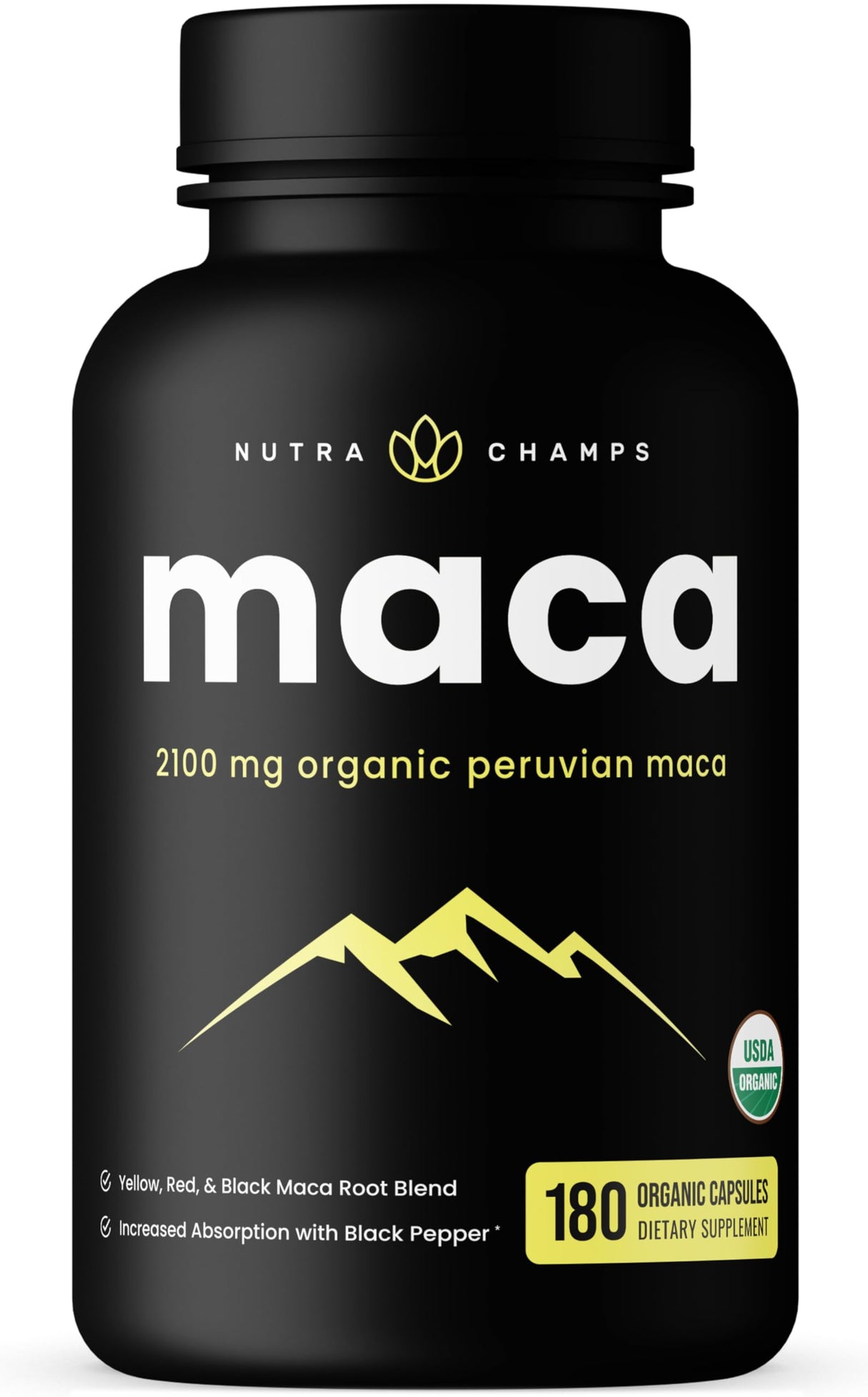 NutraChamps USDA Organic Maca Root Capsules for Women & Men, 2100mg, 180 Capsules, Black, Red & Yellow Peruvian Gelatinized, Highest Potency Maca Root Powder Supplement