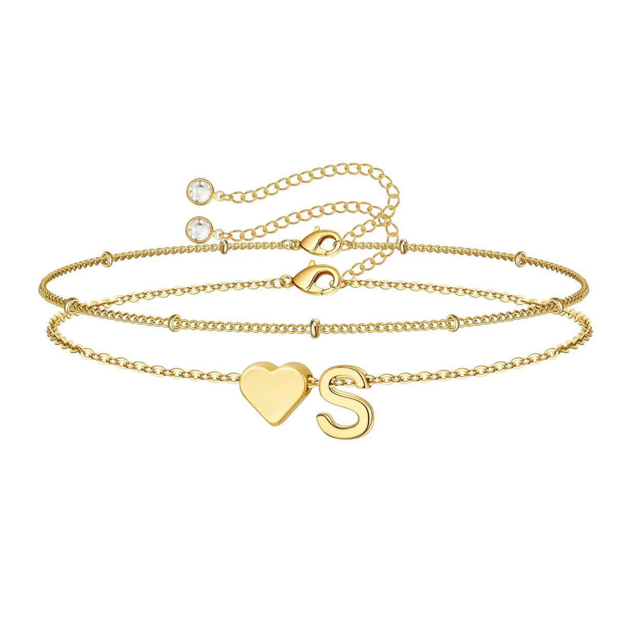 M MOOHAM Bracelets for Women - Dainty 14K-Gold-Plated Heart Initial Letter S Bracelets for Women Mom, Personalized Birthday Gifts for Mom Grandma Wife Womens Jewelry