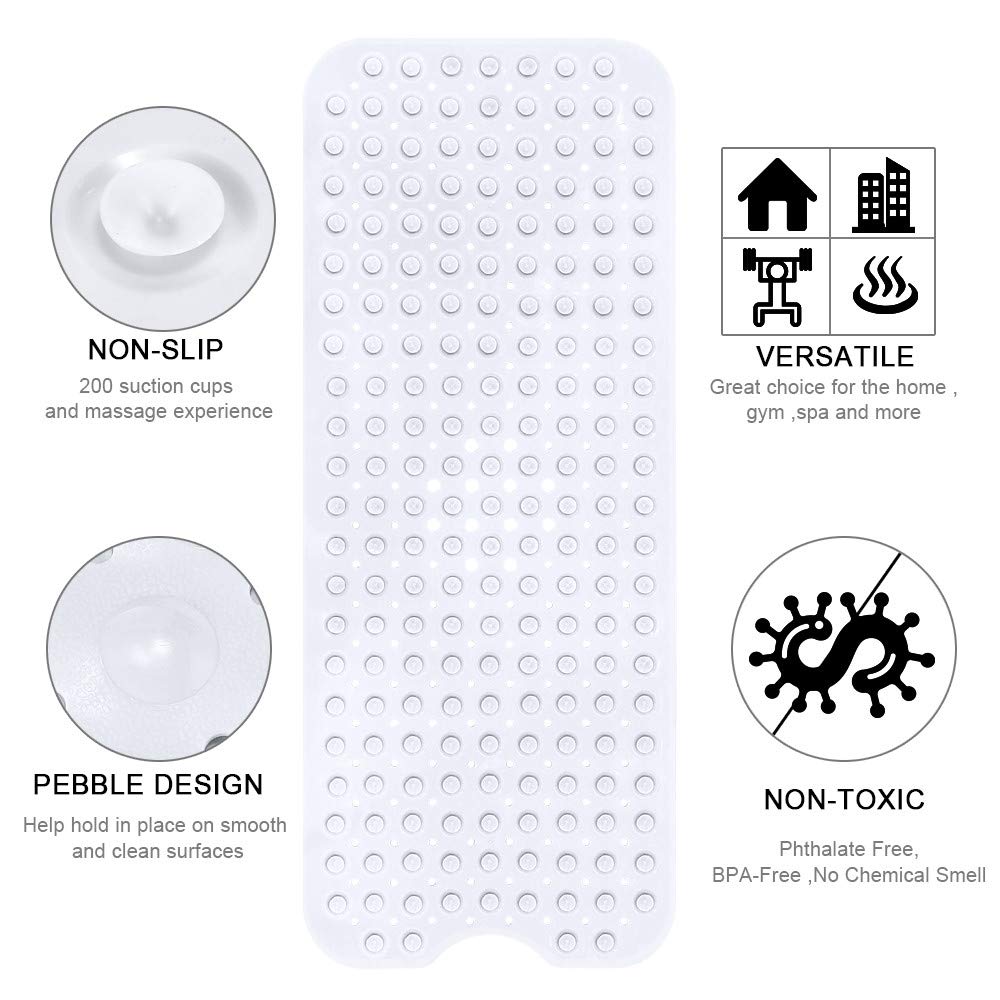YINENN Bath and Shower Safety Mats 40x16 inch, Non Slip with Suction Cups for Bathroom Stall and Tub Floor, Extra Large and Machine Washable, Drain Holes Keep Bathtub Clean, White