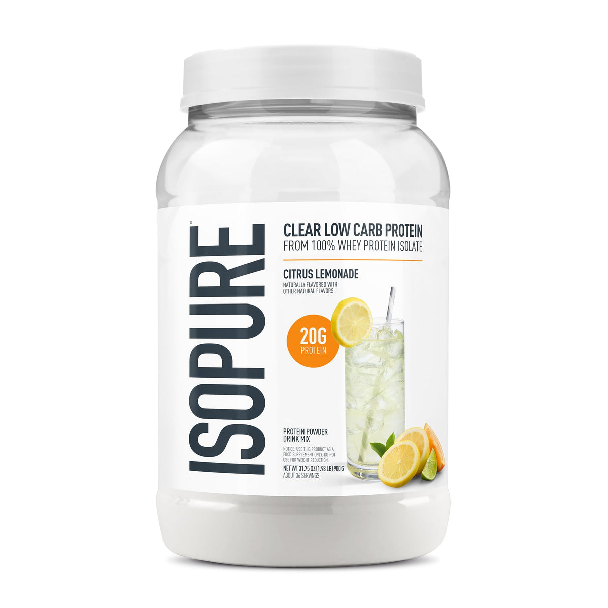 Isopure Clear Whey Isolate Protein Powder Infusions, Lactose Free, Gluten Free, Naturally Flavored, Citrus Lemonade, 20g Protein Per Serving, 1.9 Lb, 36 Servings