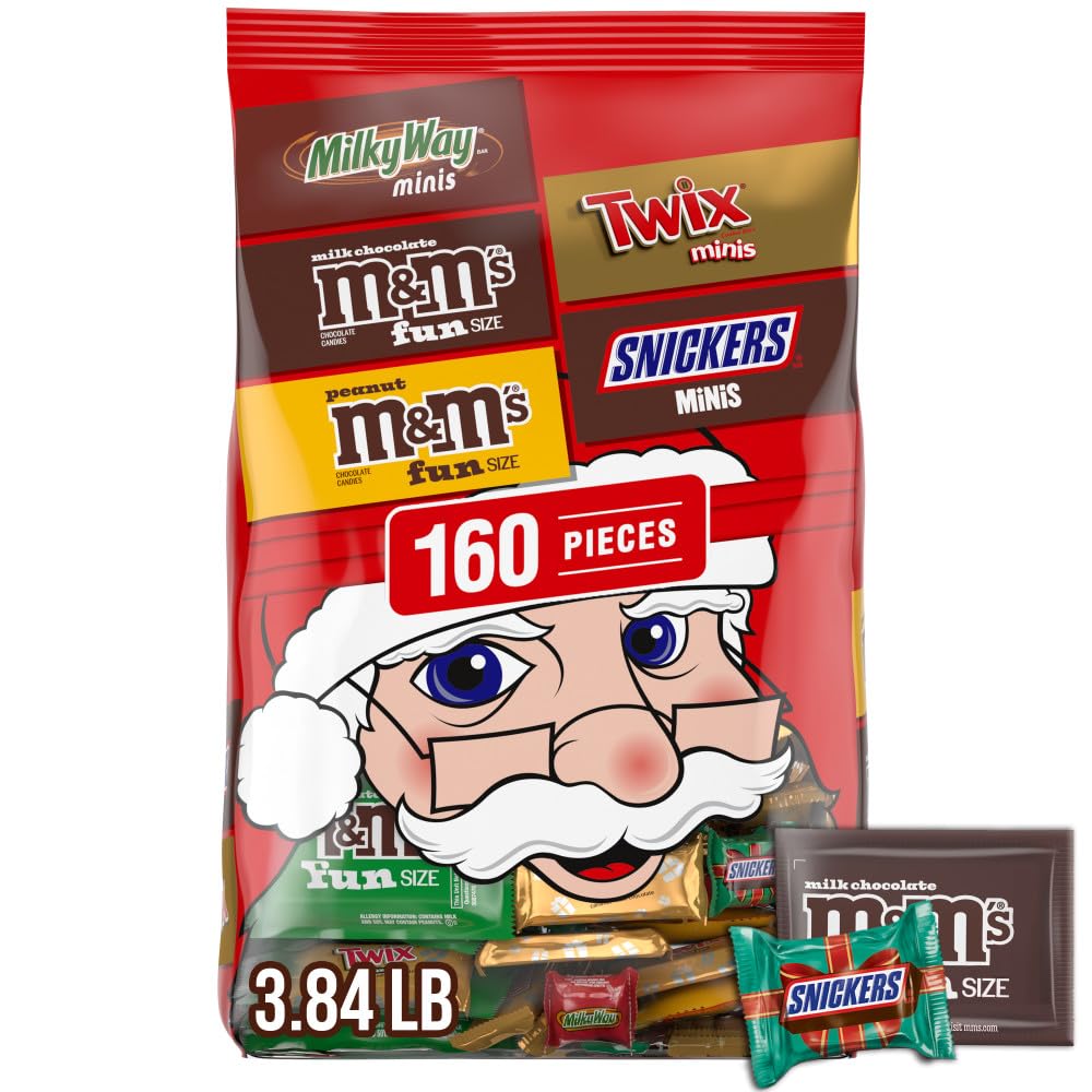 M&M'S Milk Chocolate & Peanut, SNICKERS, TWIX & MILKY WAY Fun Size Mini Chocolate Candy Variety Pack, Christmas Candy Individually Wrapped Stocking Stuffers, 160-Piece Bulk Bag