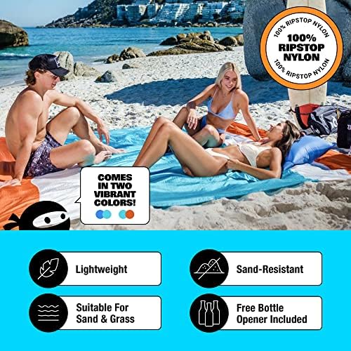 SUN NINJA Sand-Free Beach Blanket - 10ft X 9ft Lightweight Outdoor Blanket with Storage, Bottle Opener, Carabiner, Shoulder Strap, Corner Sand Pockets & 4 Stakes