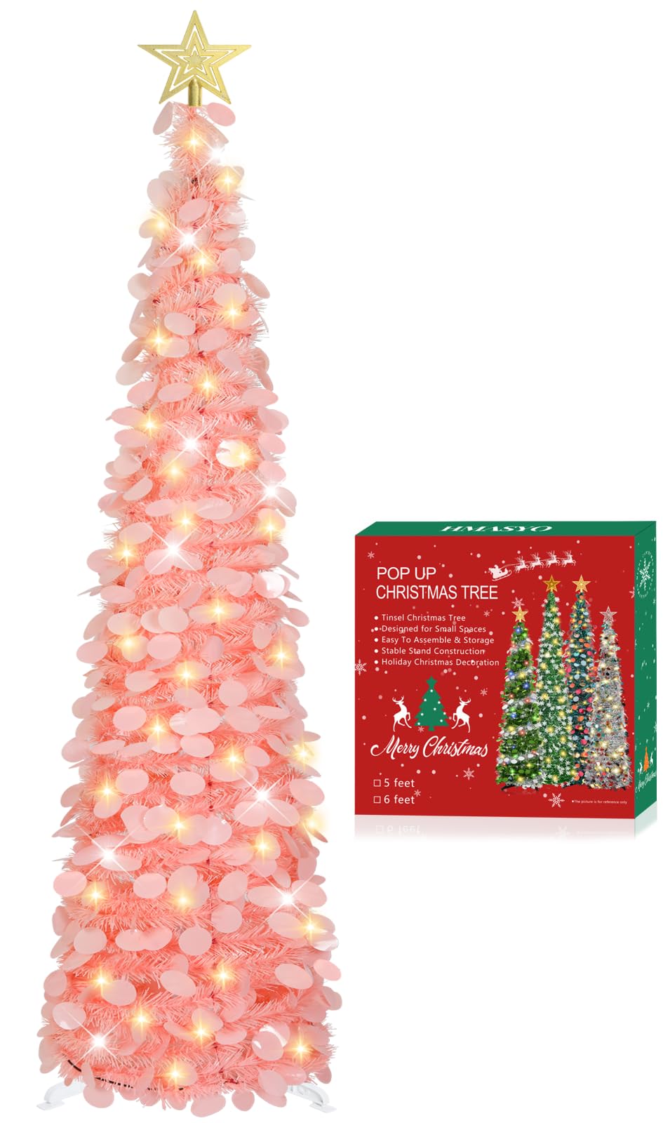 HMASYO 5 FT Pop Up Christmas Tree with Timer Lights, Pink Christmas Tinsel Tree, Collapsible Artificial Pencil Christmas Tree for Indoor Home Apartment Porch Holiday Party Decorations