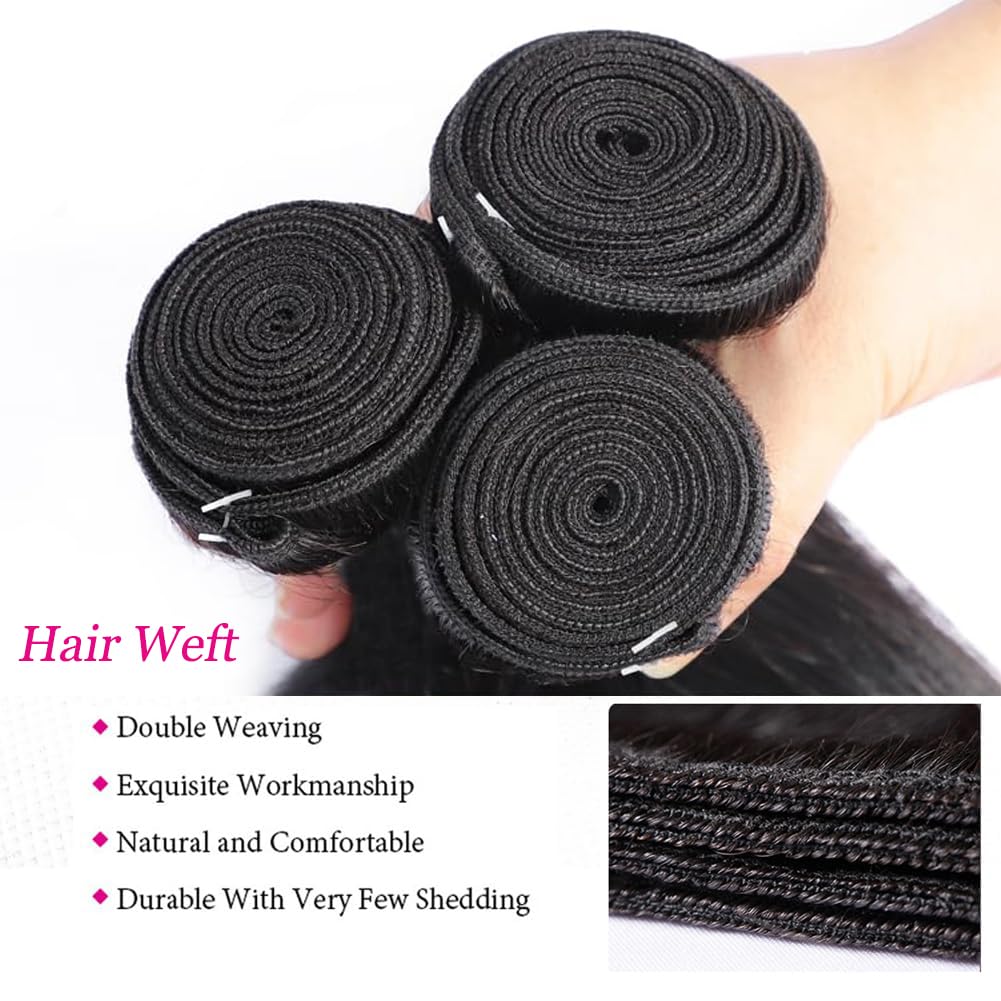 Brazilian Straight Bundles Human Hair 16 18 20 Inch, 12A Grade, 100% Unprocessed Virgin Human Hair Extensions, Natural Black (16-20)