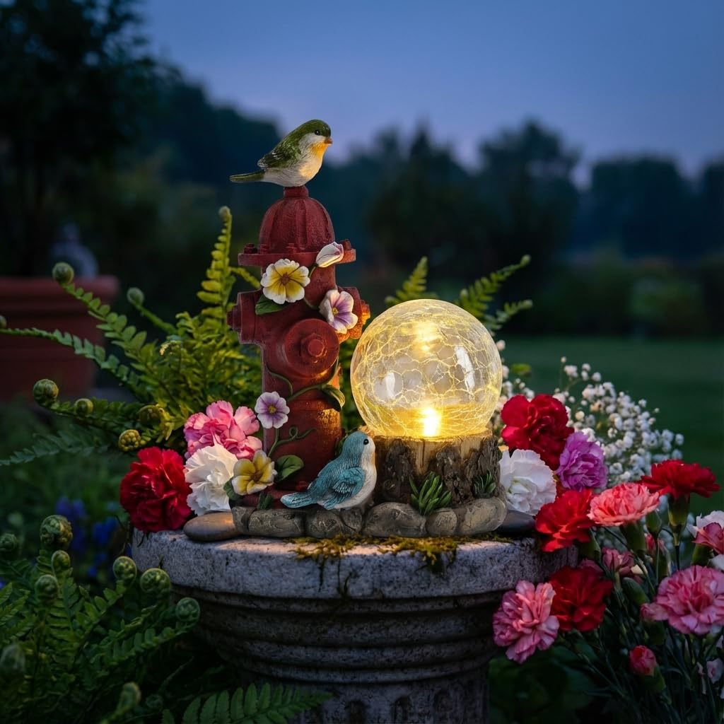 TERESA'S COLLECTIONS Garden Decor, Cute Birds and Hydrant Garden Statue with Solar Light Glass Ball, Waterproof Resin Outdoor Statue, Cute Bird Decor, Garden Gift for Women Mom, Indoor/Outdoor