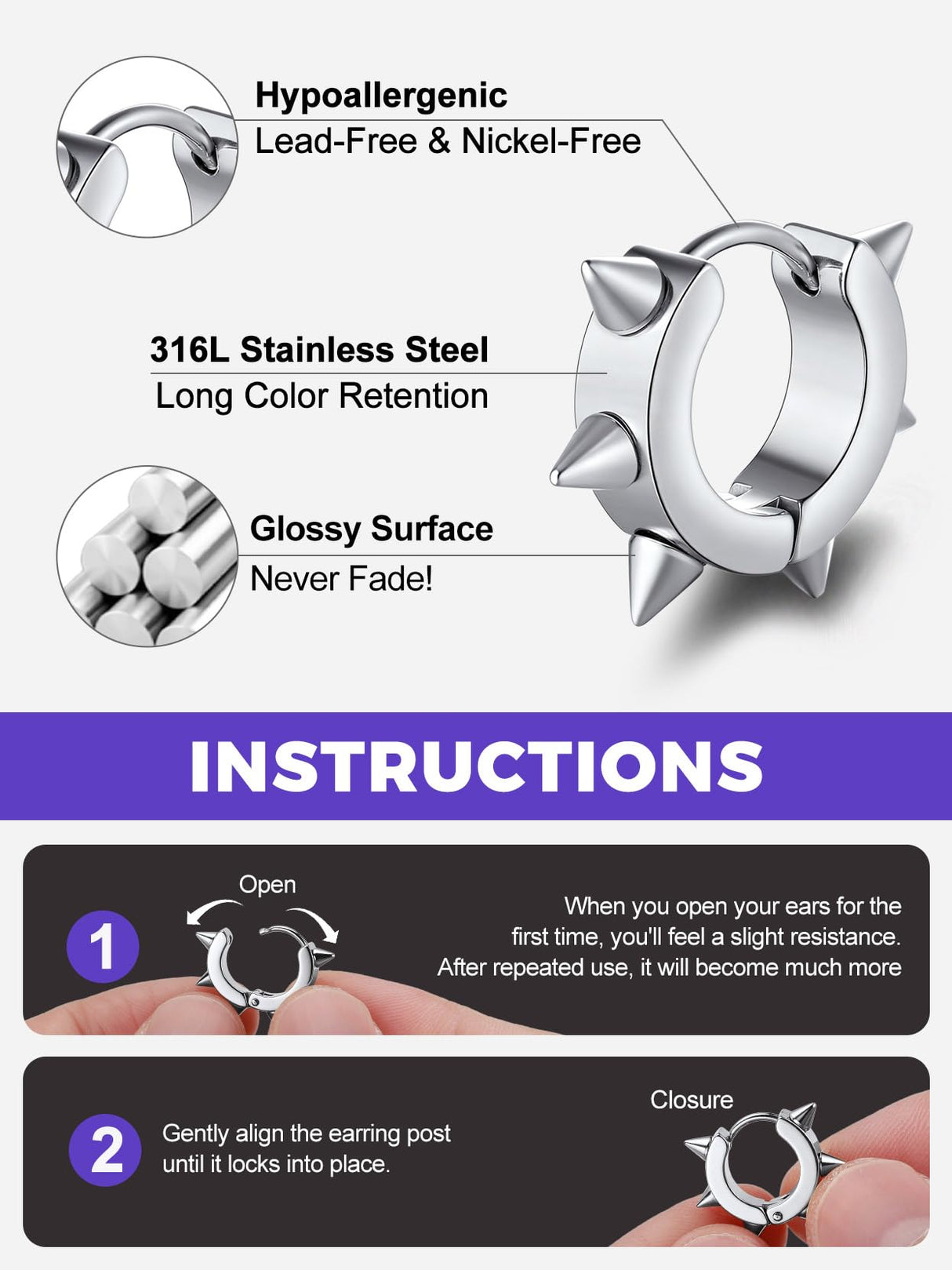 Richsteel Silver Hoop Earrings for Men, Stainless Steel Punk Spike Earrings