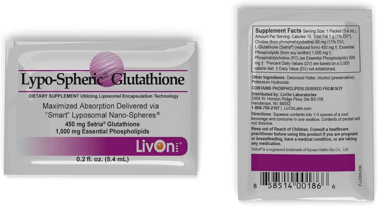 LivOn Laboratories Lypo-Spheric Glutathione - 30 Packets – 450 mg Glutathione Per Packet – Liposome Encapsulated for Maximum Bioavailability – Professionally Formulated – 100% Non-GMO