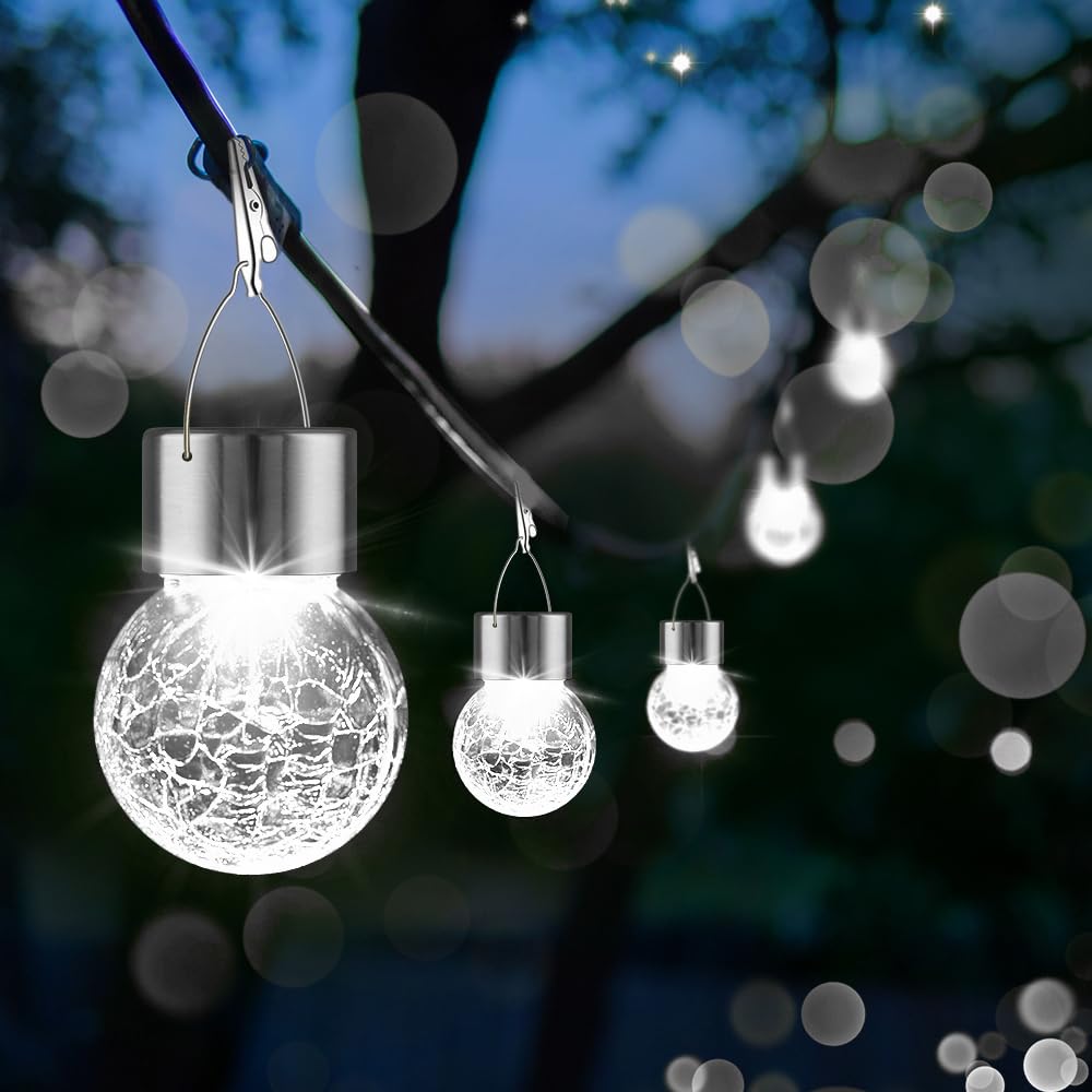 PARTPHONER 12 Pack Hanging Solar Lights Outdoor, Waterproof Solar Globe Lantern with Handle and Clip, Decorative Cracked Glass Ball Lights for Christmas Decor, Tree, Yard, Garden, Patio (Cold White)