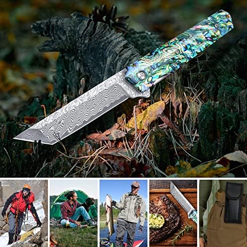 AUBEY Damascus Pocket Knife with Clip, Sharp Tanto Blade with VG10 Core Folding Knife with Abalone Shell Handle and Glass Breaker, EDC Camping Knife for Gift Survival Collection
