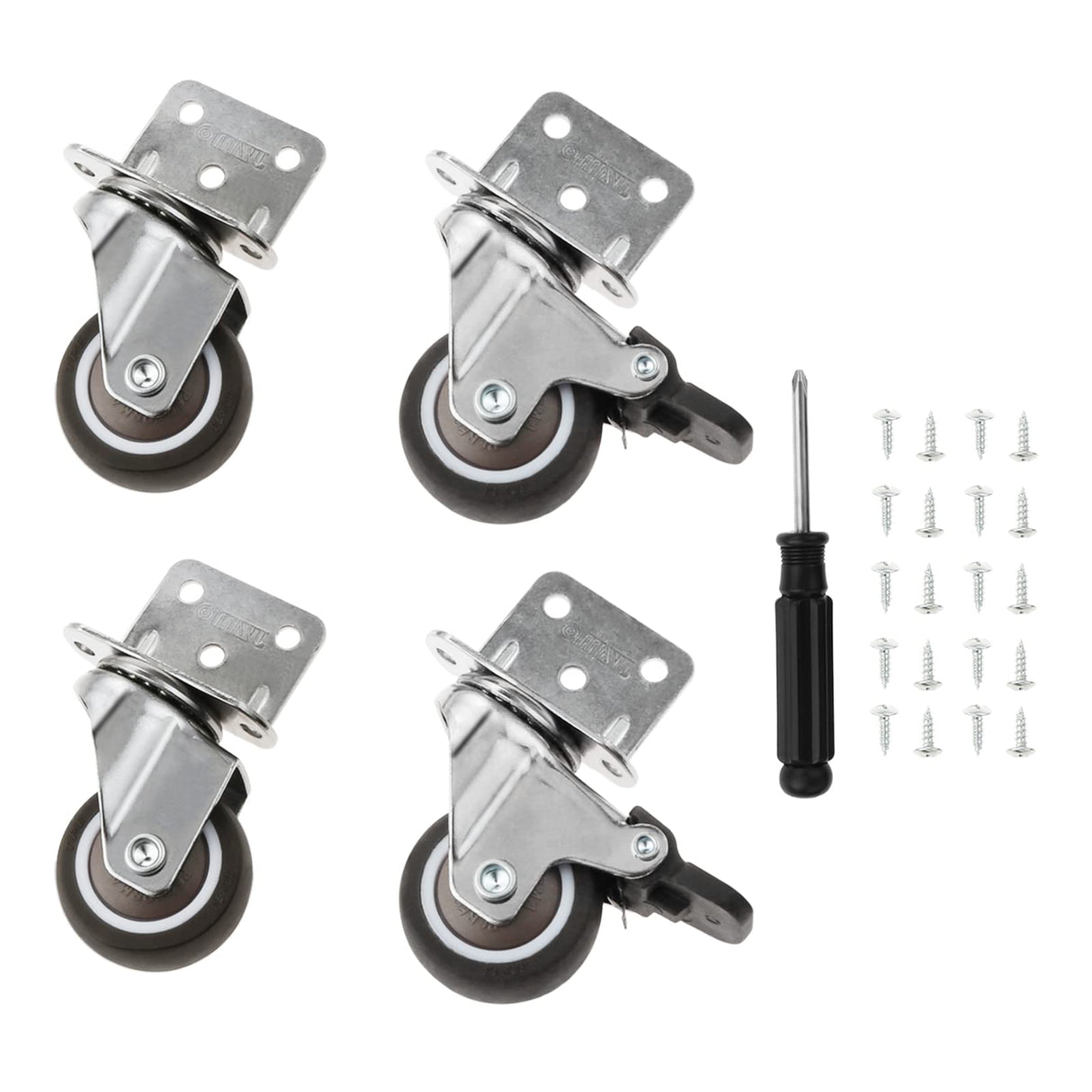 4Pcs Castors for Furniture, 32mm Swivel Castor 2 with Brakes + 2 without Brakes, L-Shaped Heavy Duty Castors Transport Castors with Screws and Screwdrivers for Furniture Cupboard Table Beach Chair