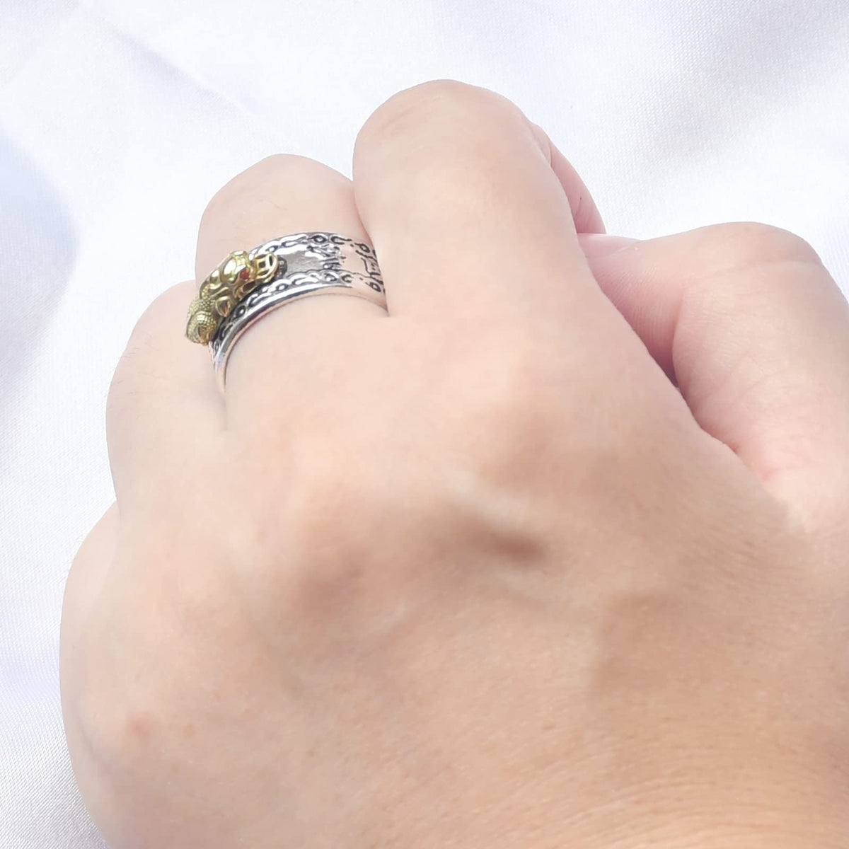 HJ HUAJ 990 Silver Feng Shui PiXiu Adjustable Ring MANI Mantra Protection Wealth Ring