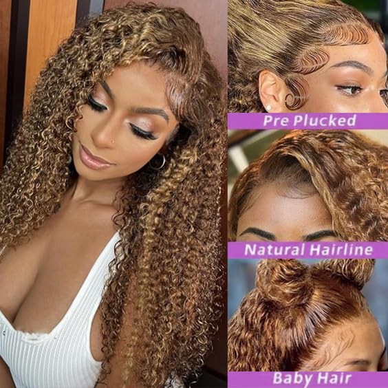 13x6 Highlight Ombre Lace Front Wigs Human Hair P4/27 Honey Blonde Lace Frontal Wigs Human Hair 180 Density Colored deep Curly HD Lace Front wigs Human Hair Wig Pre Plucked with Baby Hair 24 inch