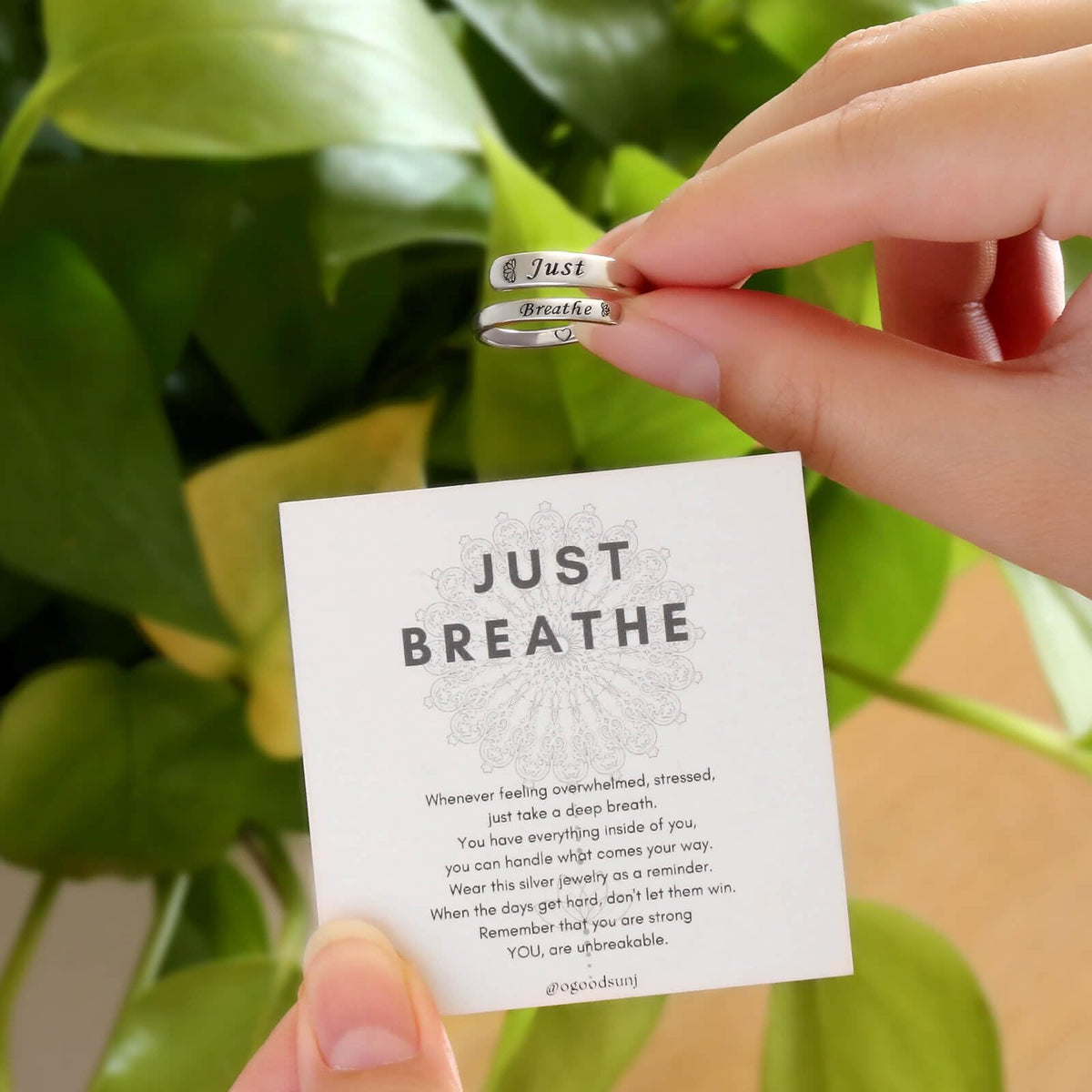 oGoodsunj Sterling Silver Just Breathe Ring for Women: Inspirational Encouragement Rings Adjustable I Am Fearless Motivational Jewelry Gift (Just Breathe)