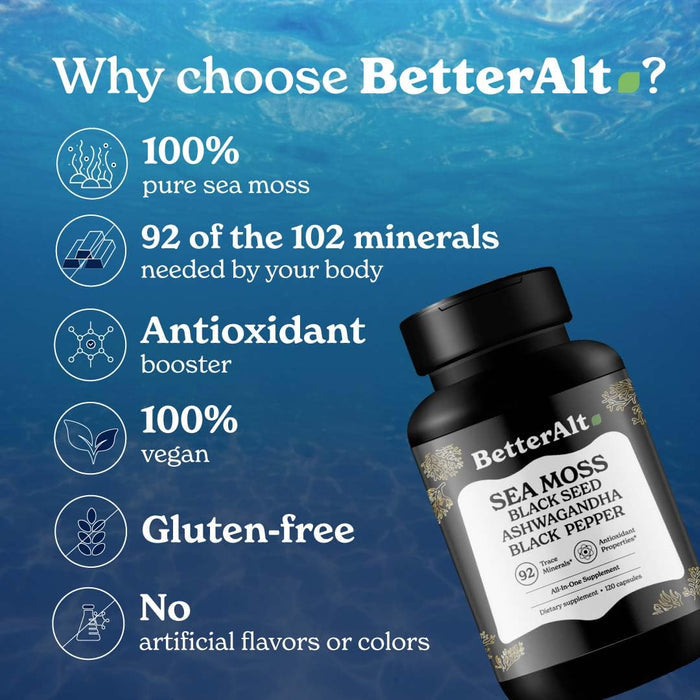 Better Alt Sea Moss Capsules- Irish Seamoss with Black Seed Oil, Ashwagandha & Black Pepper for Stamina, Strength & Endurance- High Potency Seamoss Supplement - 60 Servings, 120 Capsules