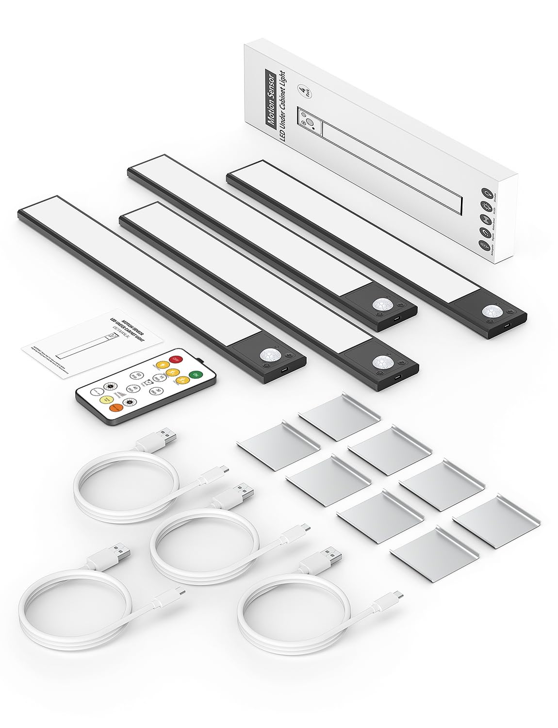 12" Ultra-Thin Under Cabinet Lighting Wireless, Aluminum Alloy Under Counter Lights for Kitchen, 3-Color-Temps Magnetic Closet Lights, Rechargeable Motion Sensor Light Indoor (4 Pack, Black)