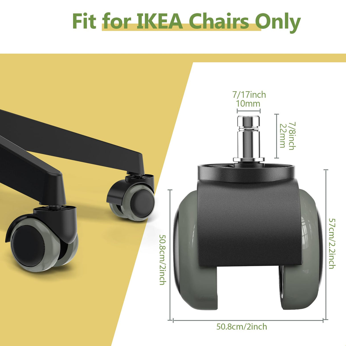 PChero Office Chair Wheels Replacement for IKEA Chairs, 10mm Stem (Set of 5), 2" Heavy Duty Swivel Polyurethane Casters for IKEA Chair Furniture Accessories, Protection for Hardwood Floors Carpet