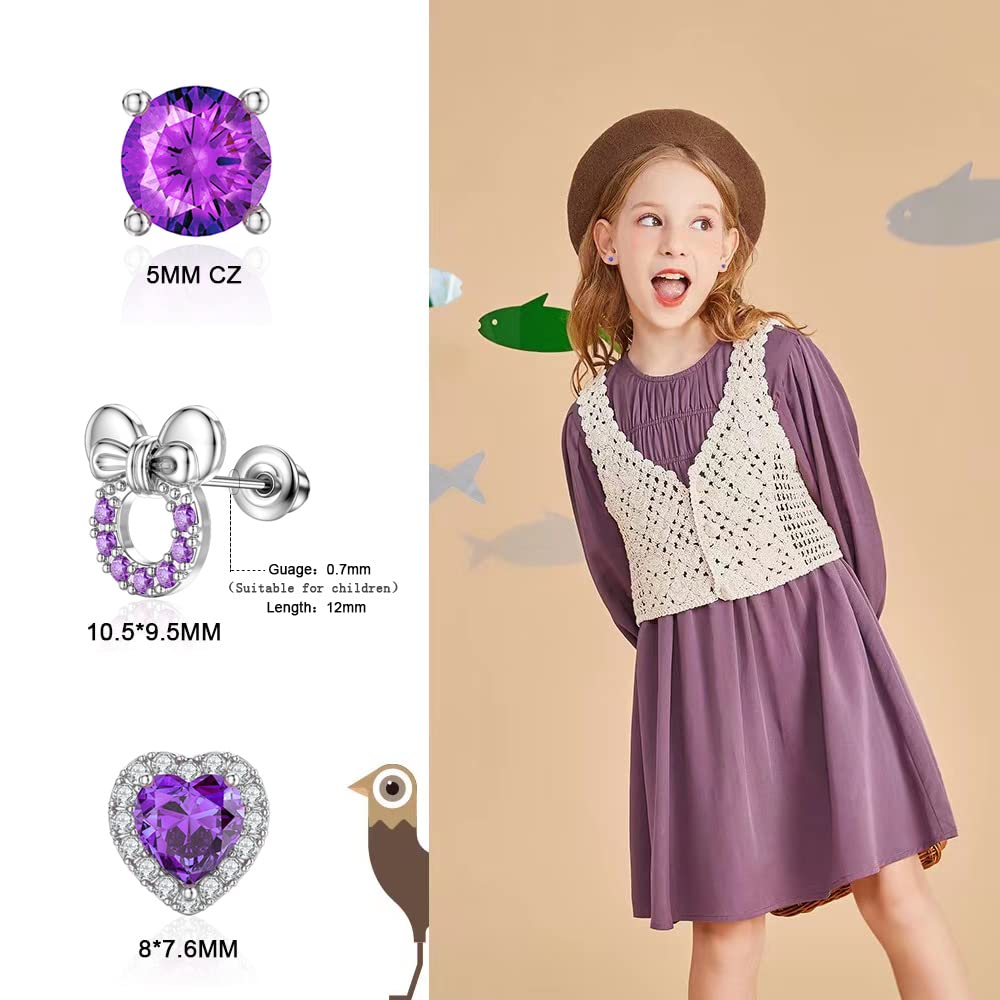 TOPBRIGHT 8 Pairs Hypoallergenic Earrings 925 Sterling Silver Stud Earrings Purple Heart CZ Tiny Butterfly For Kids, Toddlers, Little Girls, Teens, Women
