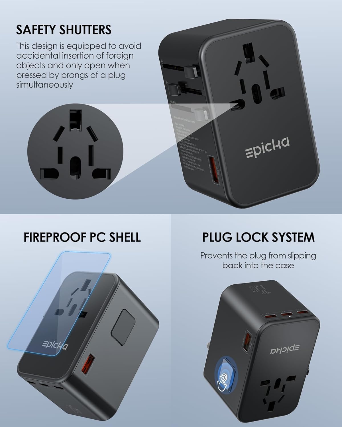 EPICKA Universal Travel Adapter, GaN 75W International Plug Adapter with 3 USB-C PD Fast Charging & 2 USB-A Quick Charging Adaptor All-in-one Wall Charger for USA EU UK AUS (TA-105 Max, Black)