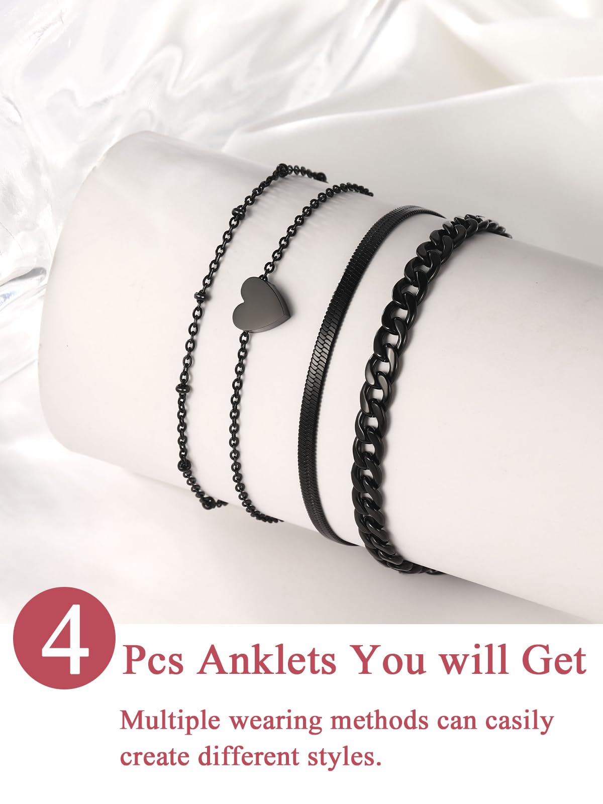 FOCALOOK Anklets for Women Waterproof, 3 Pcs Black Ankle Bracelets for Women Plus Size Adjustable Cuban Figaro Link Chain Heart Charm Anklets Set for Summer Beach Gift