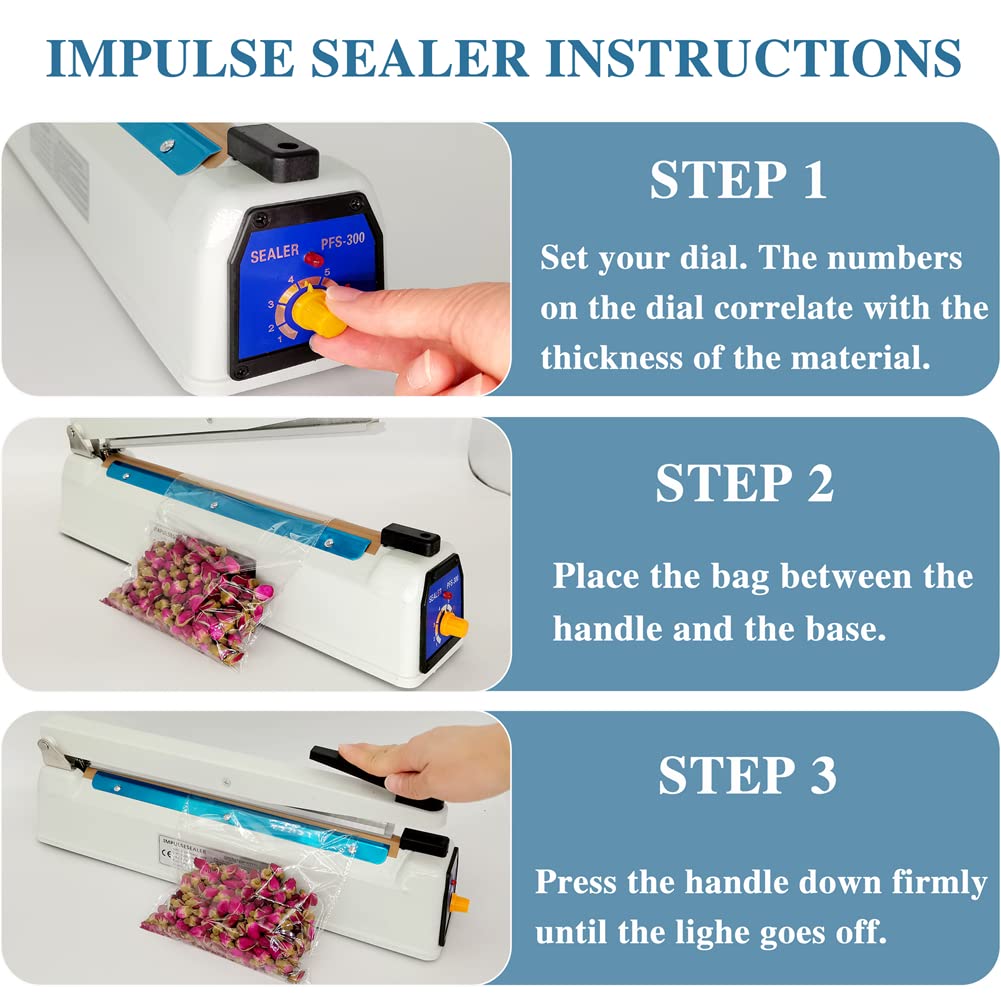 Impulse Sealer 12 inch Mylar Bag Heat Sealer, Heat Sealer for Plastic Bags, Metal Iron Shell, Impulse Sealer 3mm Sealing, Manual Hot Seal Machine with 8 Repair Kits(Included 2 Cutter Lines)
