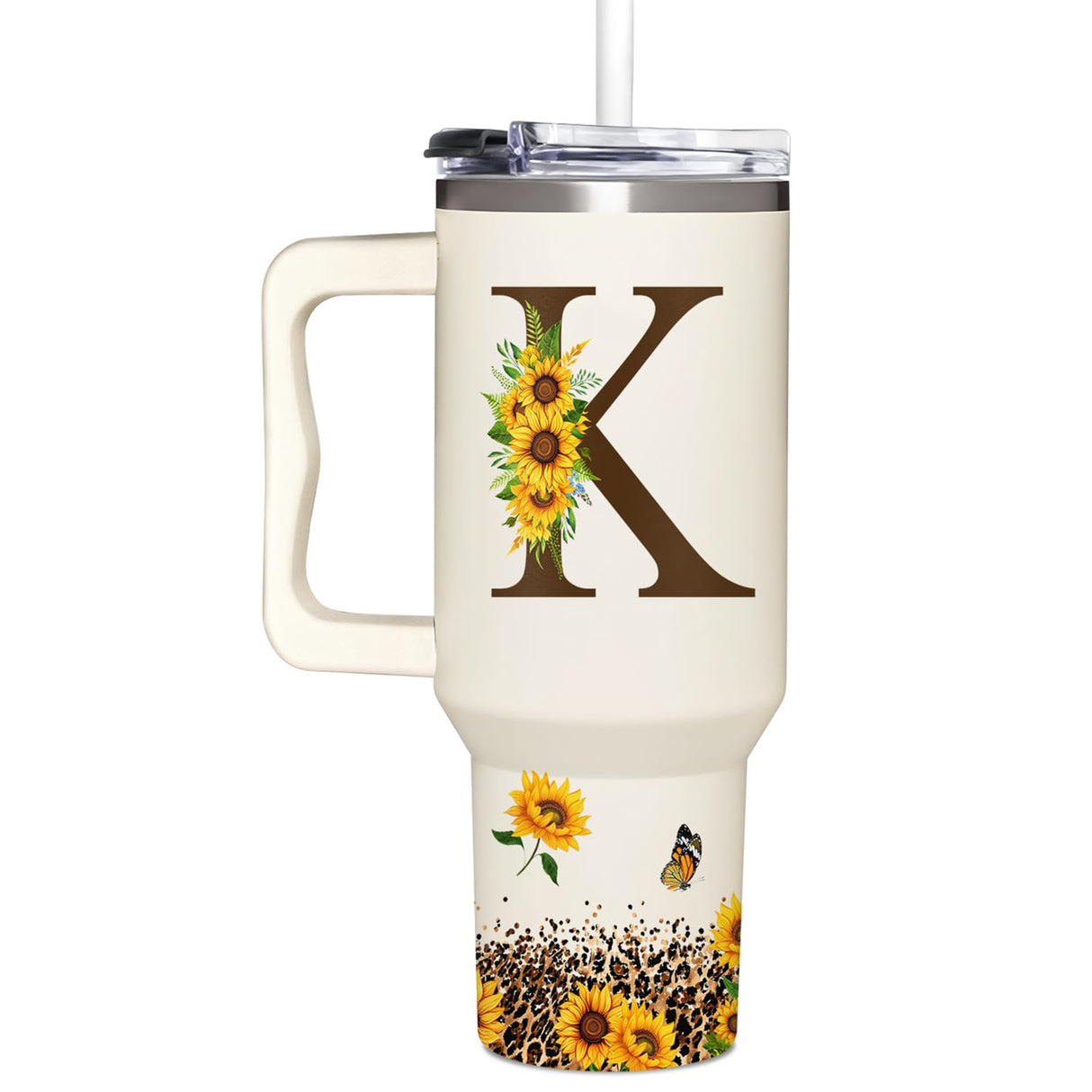 Personalized Birthday Gifts For Women - Sunflower Gifts For Women, Mom - Christmas Gifts For Womens, Mother's Day Gift For Mom, Boss - Monogrammed, Initial Tumbler Handle 40oz W Lids & Straws, K