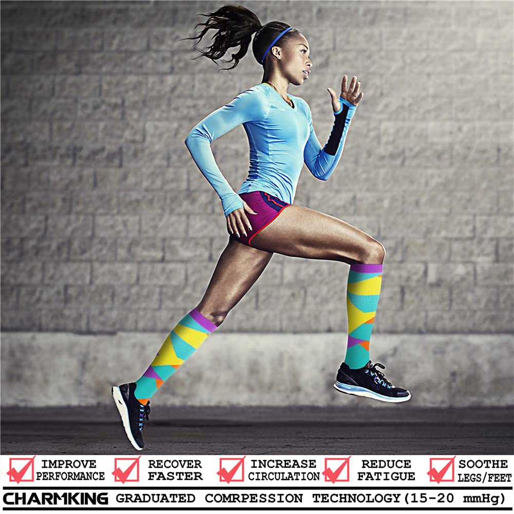 CHARMKING Compression Socks for Women & Men (8 Pairs) 15-20 mmHg Graduated Copper Support Socks are Best for Pregnant, Nurses - Boost Performance, Circulation, Knee High & Wide Calf (L/XL, Multi 13)