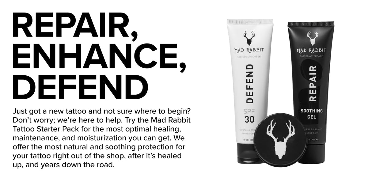 Mad Rabbit Tattoo Care Bundle Kit (3-Piece) Repair Soothing Gel, Enhance Balm & Defend SPF 30 Sunscreen - Full Coverage Tattoo Care Kit for New & Current Tattoos