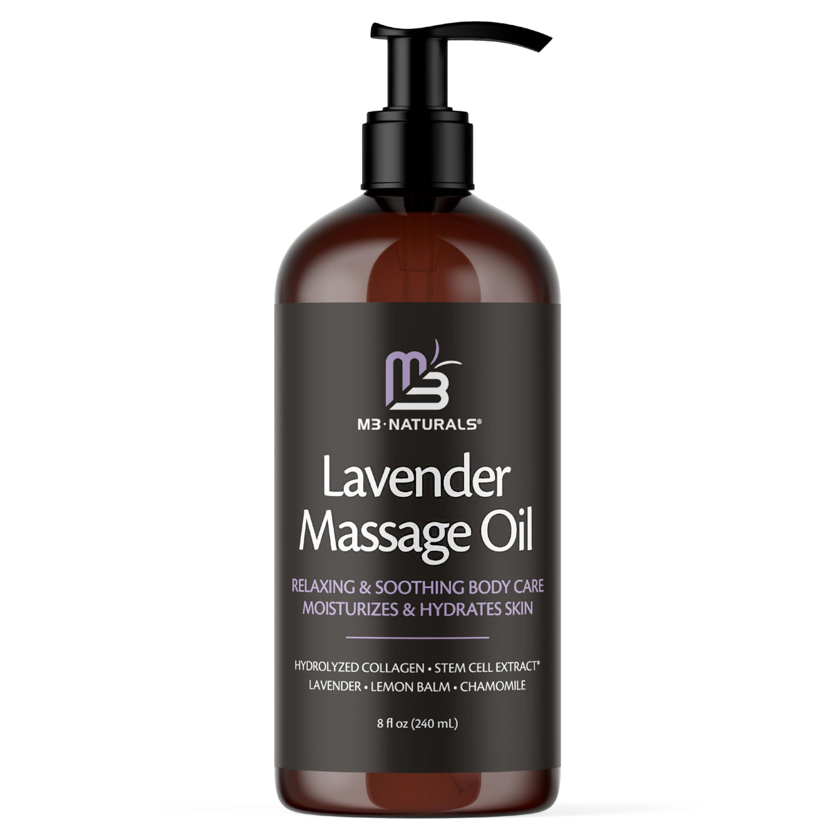 Lavender Sensual Massage Oil with Collagen and Stem Cells, Skin Tightening Therapy for Bum, Thighs, and Belly, Fast-Absorbing Cellulite Oil by M3 Naturals