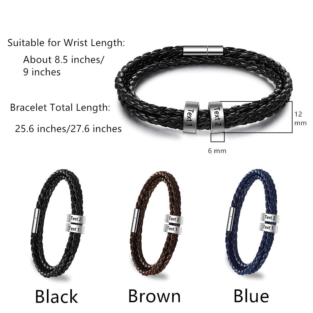 Novgarden Custom Mens Bracelets with 1-8 Engraved Beads, Dad Gifts for Fathers Day, Leather Braid Bracelet with Kids Names Personalized Men's ID Bracelet Gifts for Grandpa Husband Boyfriend