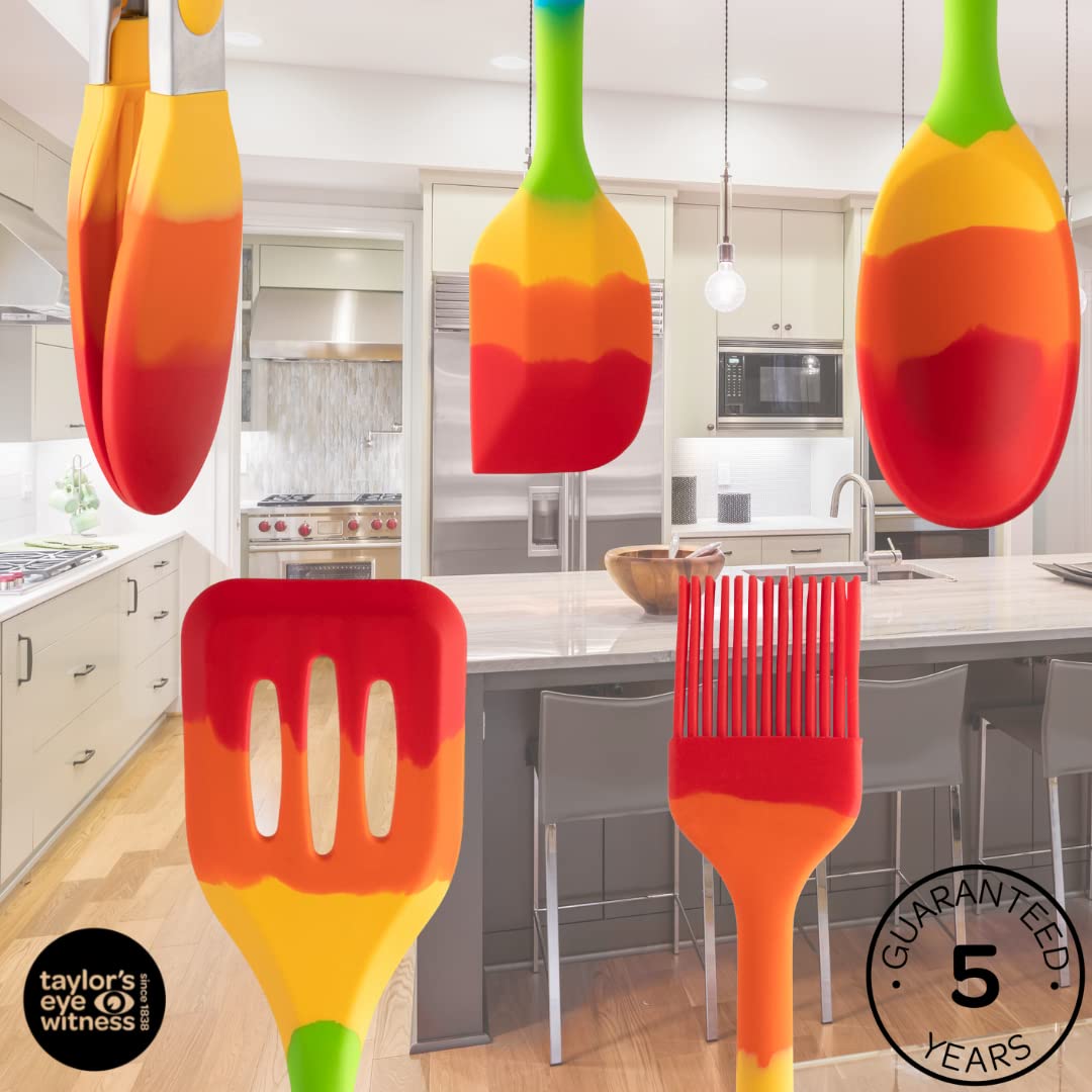 Taylors Eye Witness Rainbow Silicone Turner, Spoon, Spatula, Tongs and Brush Set – Dishwasher Safe, Heat Resistant, 5 Piece Set