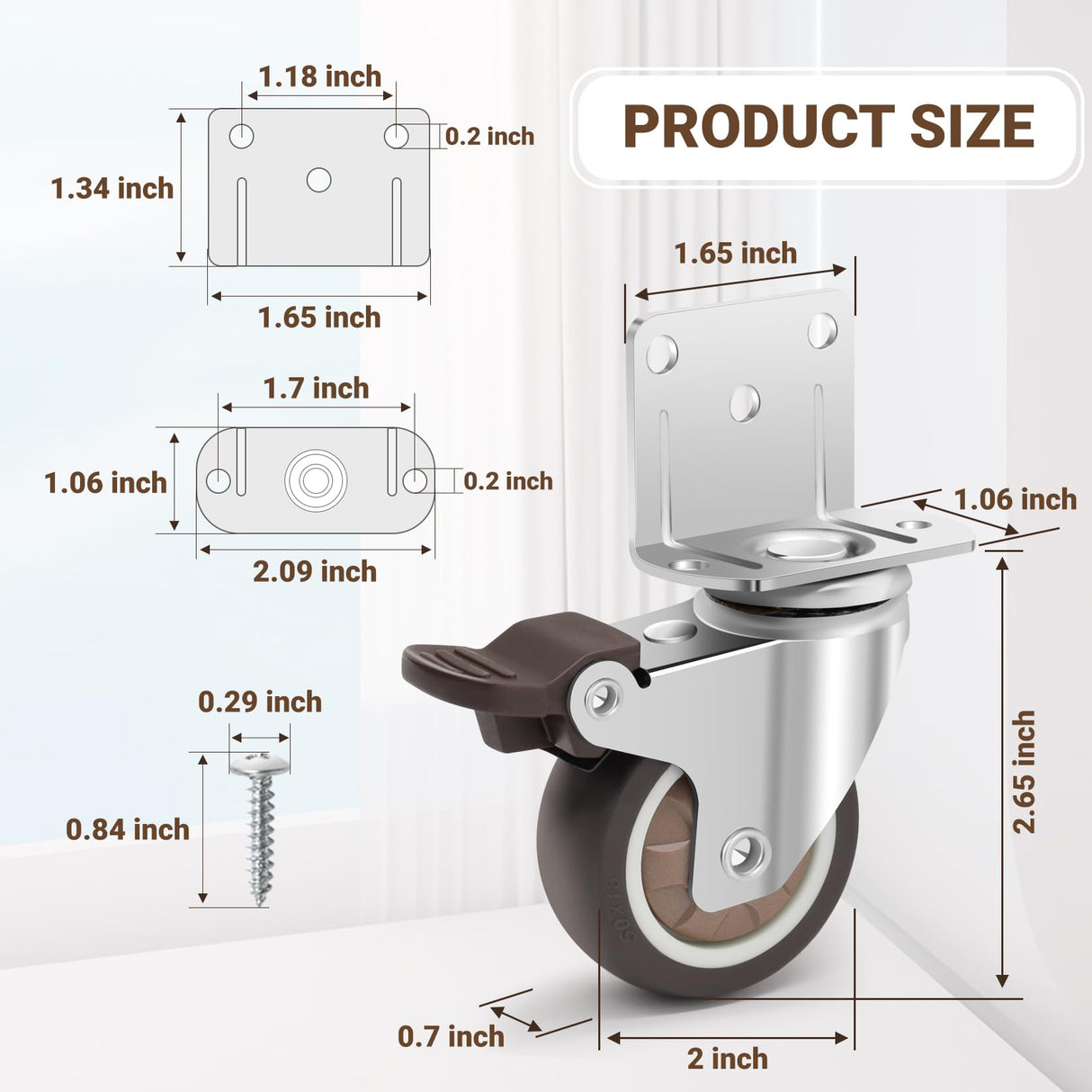 Nefish Side Mount Casters 2 Inch L-Shaped Small Rubber Caster Set of 4, Ball Bearing 360 Degree Plate Swivel Castors Wheel 600 LBS, Casters Wheels for Furniture, Baby Bed, Kitchen, Cabinet, Table