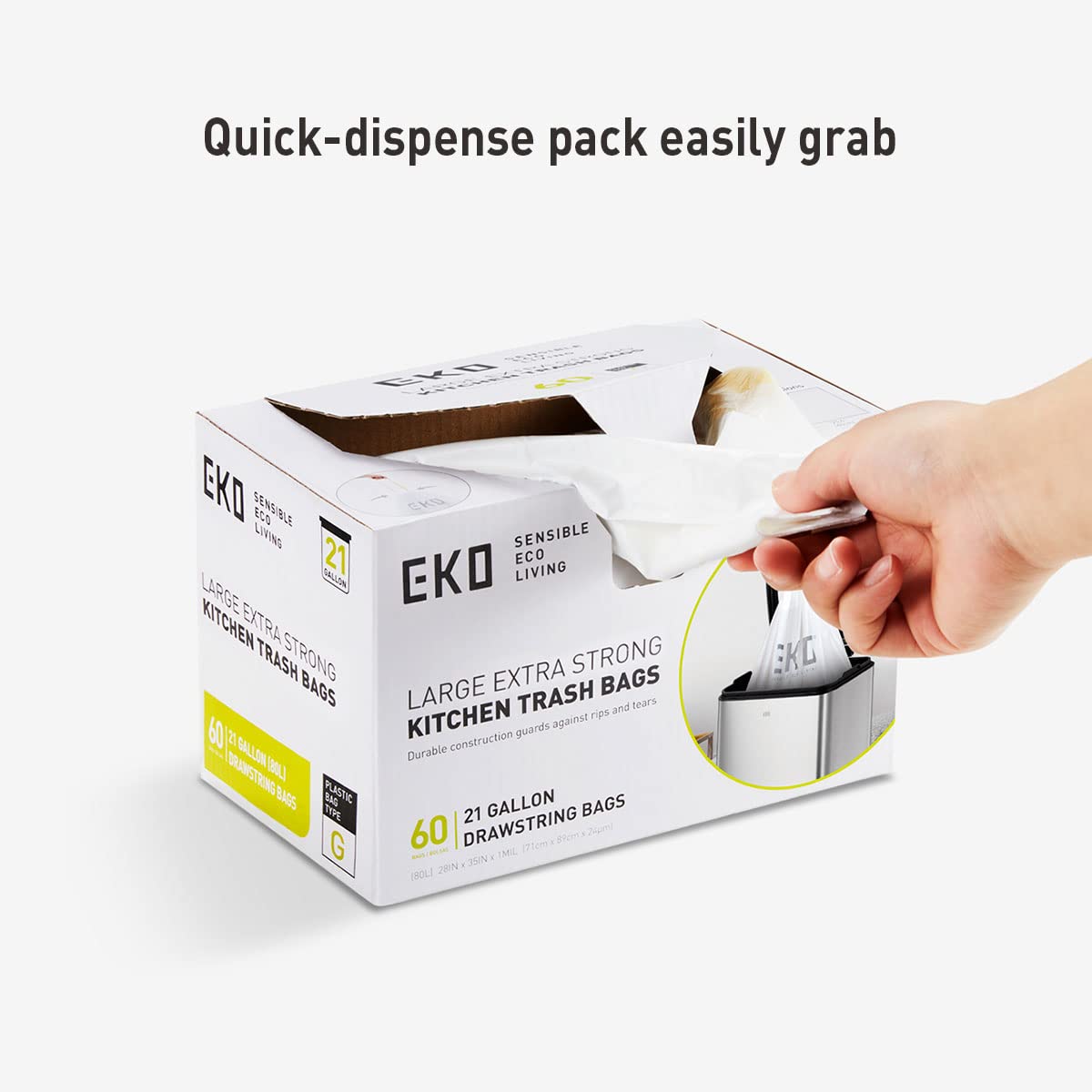 EKO Easy-Dispense Roll of 60 Count Extra-Strong Drawstring Kitchen Trash Bags - 21 Gallon Garbage Bags (79.5L) 1 pack, Code G