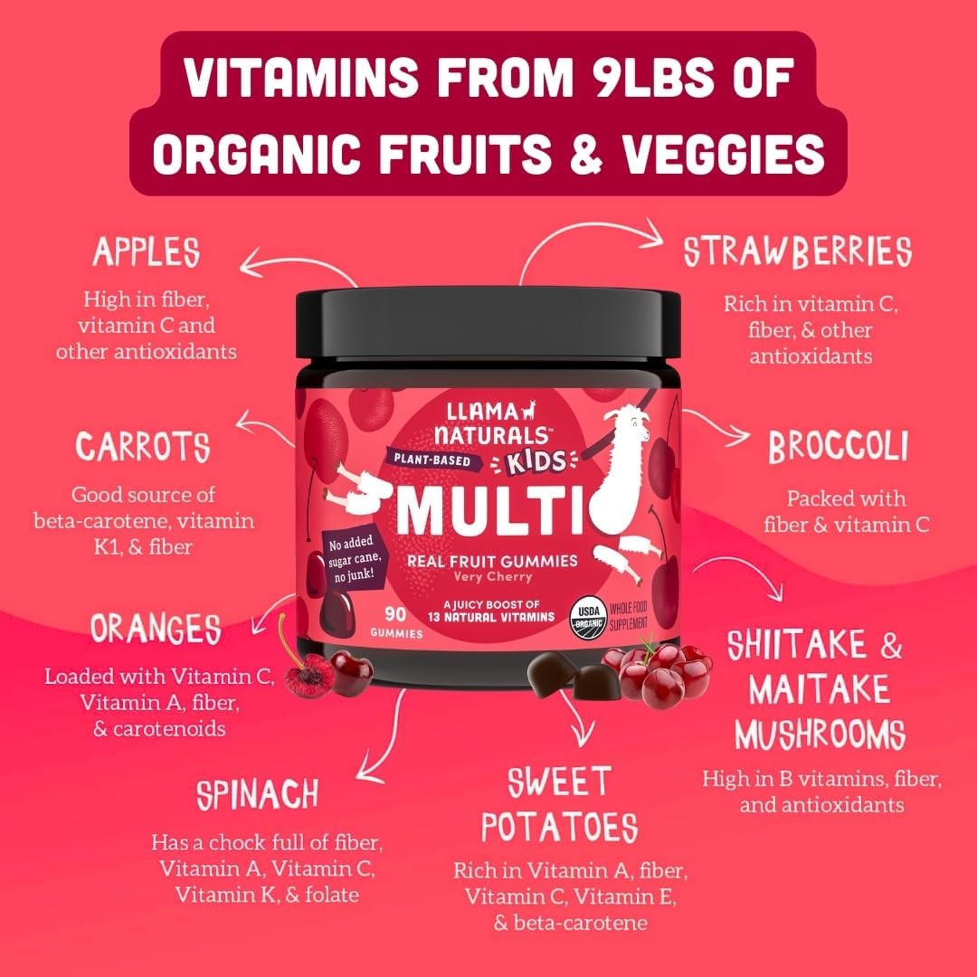 Llama Naturals Kids Multivitamin Gummies, Vegan, Organic with Vitamin D, C & K, Toddler Real Fruit Gummy Vitamins, Chewable Supplement, Whole Food Multivitamin, No Added Sugar Cane, Cherry, 90 Ct