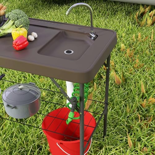 Outsunny Folding Fish Cleaning Table with Sink, Portable Camping Sink Station with Faucet, Drainage Hose, Sprayer and Grid Rack, Outdoor Fillet Table for Picnic Beach Patio, Tan