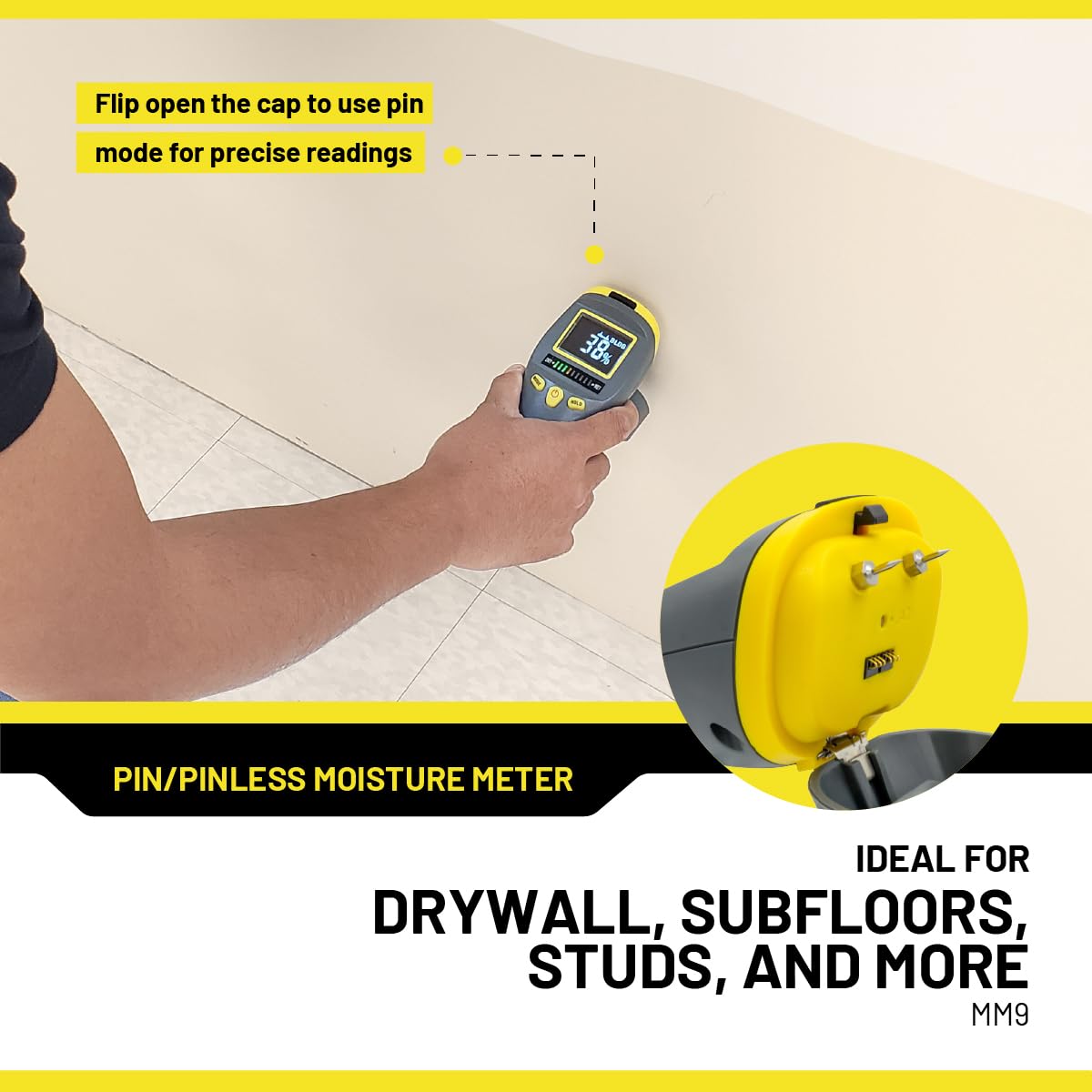 General Tools MM9 Pin & Pinless Moisture Meter – Dual Moisture Detector for Wood, Drywall & Building Materials – Digital Display, Scan & Pin Modes, Data Hold | Gift for Dad, Father’s Day Gift Idea