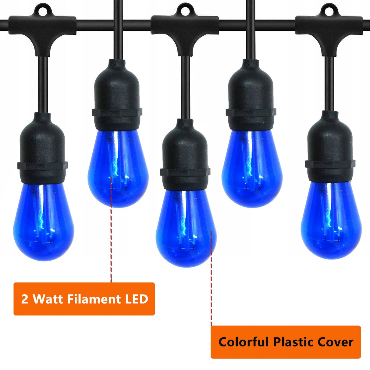 GUILEDUO 15 Pack S14 LED String Light Bulbs, Shatterproof 2 Watt Blue Replacement Bulbs for Outdoor String Light, Waterproof Decorative E26 Base Blue Filament Edison Christmas Light Bulbs, 120V